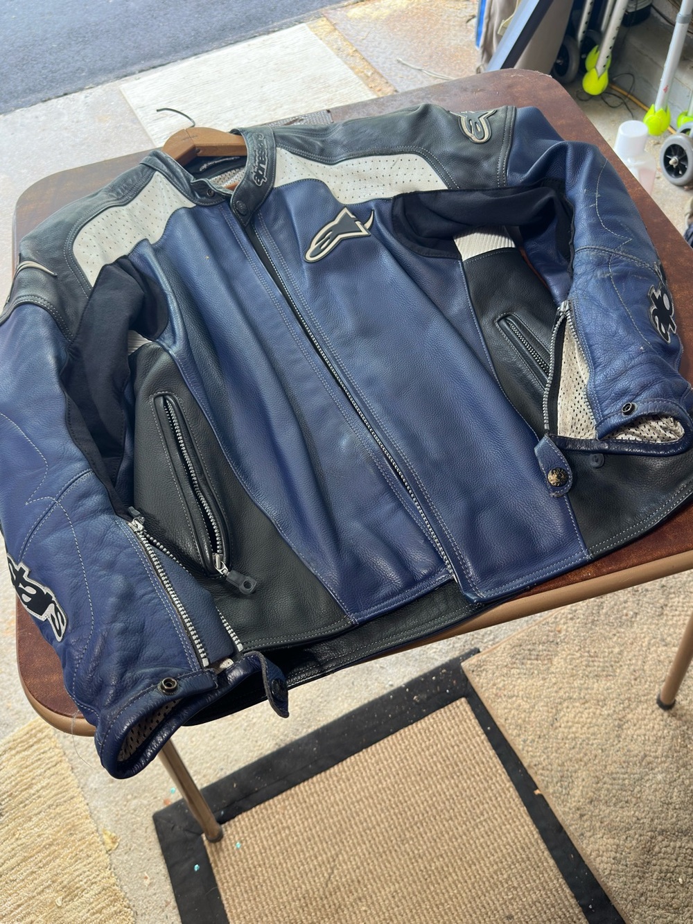 Alpinestars Blue and Black Leather Riding Jacket with White Accents